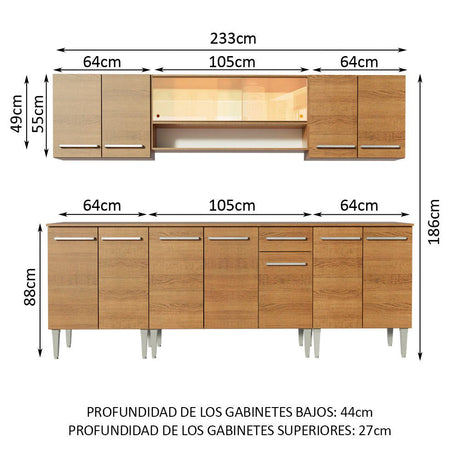 Cocina Integral Modular Emilly Smile Marron 233x186cm con Mesón de Madera Aglomerada Mdp sin Estufa con Un Cajón y con Catorce Entrepaños - COCINAS | Bylmo