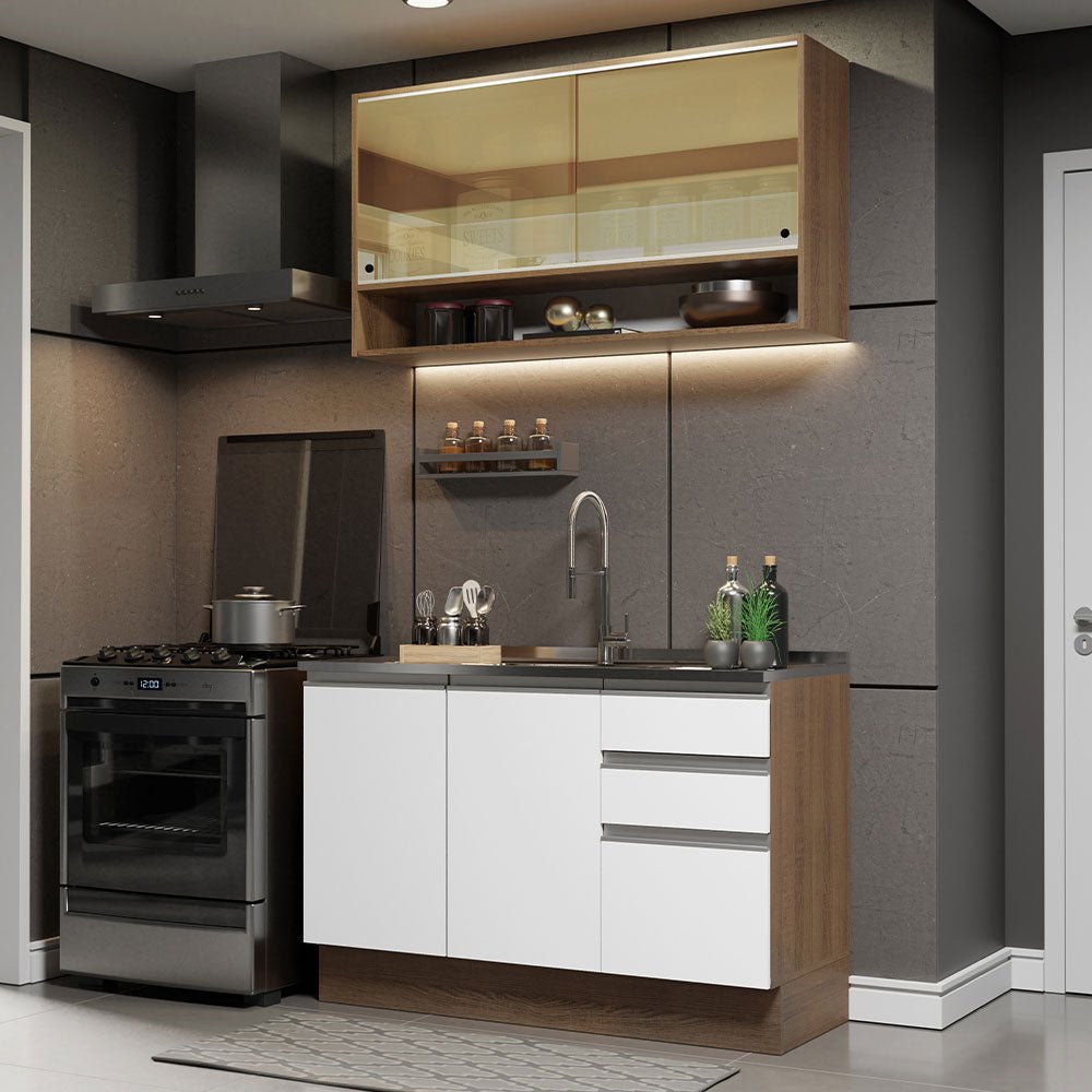 Cocina Integral Modular Glamy Marron y Blanco 120x225cm sin Mesón sin Estufa con Tres Cajones y con Siete Entrepaños - COCINAS | Bylmo