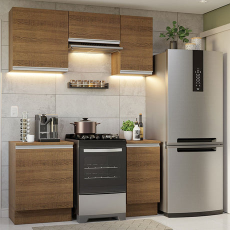 Cocina Integral Modular Glamy Marron 160x225cm con Mesón de Madera Aglomerada MDP sin Estufa y con Cinco Puertas - COCINAS | Bylmo