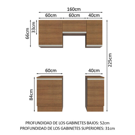 Cocina Integral Modular Glamy Marron 160x225cm con Mesón de Madera Aglomerada MDP sin Estufa y con Cinco Puertas - COCINAS | Bylmo