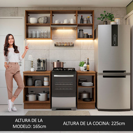 Cocina Integral Modular Glamy Marron 160x225cm con Mesón de Madera Aglomerada MDP sin Estufa y con Cinco Puertas - COCINAS | Bylmo