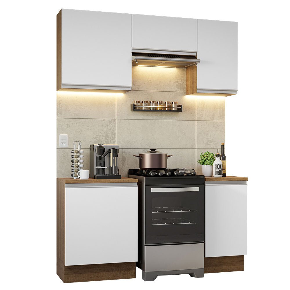 Cocina Integral Modular Glamy Marron y Blanco 160x225cm con Mesón de Madera Aglomerada MDP sin Estufa y con Cinco Puertas - COCINAS | Bylmo