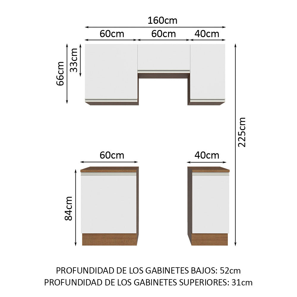 Cocina Integral Modular Glamy Marron y Blanco 160x225cm con Mesón de Madera Aglomerada MDP sin Estufa y con Cinco Puertas - COCINAS | Bylmo