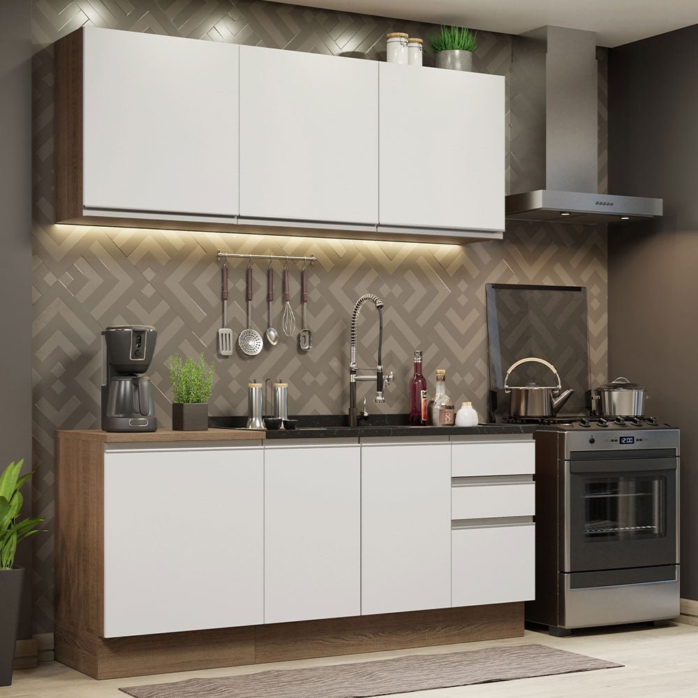 Cocina Integral Modular Glamy Marron y Blanco 180x225cm sin Mesón sin Estufa con Tres Cajones y con Diez Entrepaños - COCINAS | Bylmo
