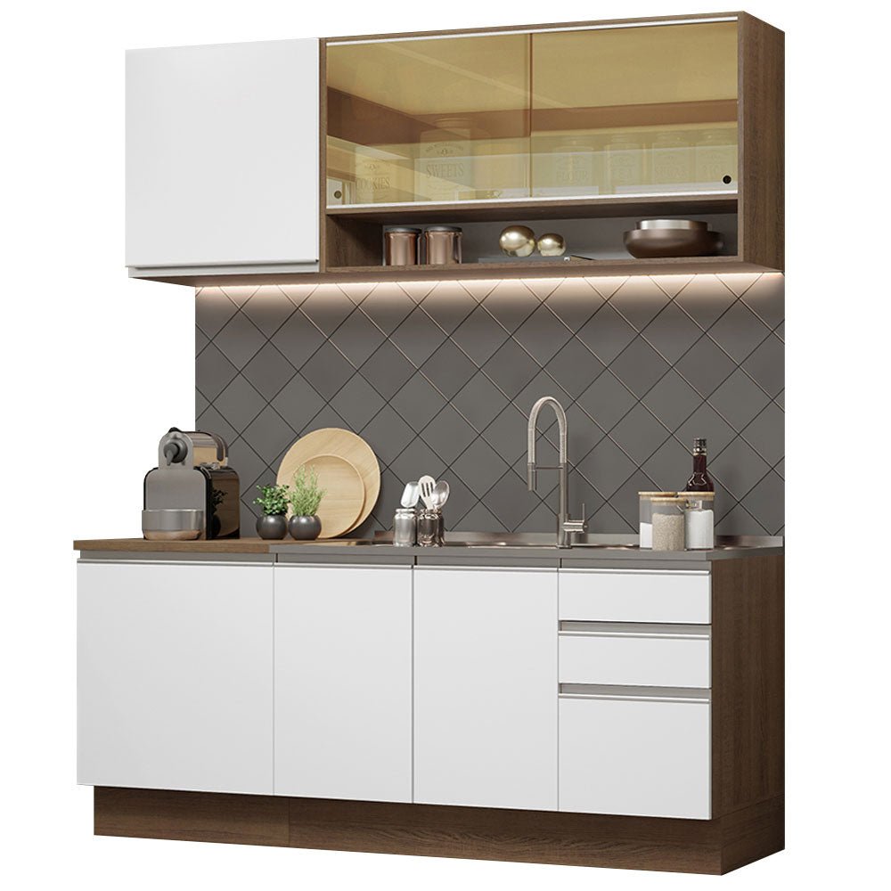 Cocina Integral Modular Glamy Marron y Blanco 180x225cm sin Mesón sin Estufa con Tres Cajones y con Once Entrepaños - COCINAS | Bylmo