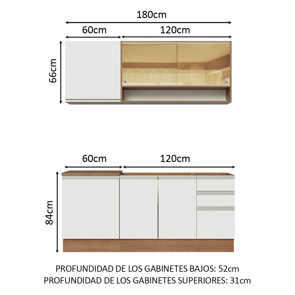 Cocina Integral Modular Glamy Marron y Blanco 180x225cm sin Mesón sin Estufa con Tres Cajones y con Once Entrepaños - COCINAS | Bylmo