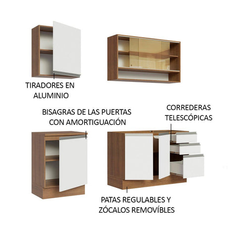 Cocina Integral Modular Glamy Marron y Blanco 180x225cm sin Mesón sin Estufa con Tres Cajones y con Once Entrepaños - COCINAS | Bylmo