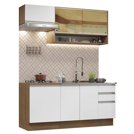 Cocina Integral Modular Glamy Marron y Blanco 180x225cm sin Mesón sin Estufa con Tres Cajones con Puerta de Vidrio y con Espacio para Extractor - COCINAS | Bylmo