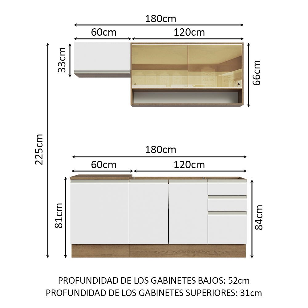 Cocina Integral Modular Glamy Marron y Blanco 180x225cm sin Mesón sin Estufa con Tres Cajones con Puerta de Vidrio y con Espacio para Extractor - COCINAS | Bylmo