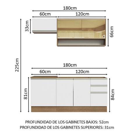 Cocina Integral Modular Glamy Marron y Blanco 180x225cm sin Mesón sin Estufa con Tres Cajones con Puerta de Vidrio y con Espacio para Extractor - COCINAS | Bylmo