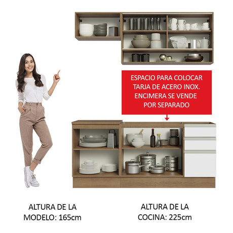 Cocina Integral Modular Glamy Marron y Blanco 180x225cm sin Mesón sin Estufa con Tres Cajones con Puerta de Vidrio y con Espacio para Extractor - COCINAS | Bylmo