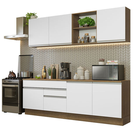 Cocina Integral Modular Glamy Marron y Blanco 240x225cm con Mesón de Madera Aglomerada Mdp sin Estufa con Dos Cajones y con Doce Entrepaños - COCINAS | Bylmo