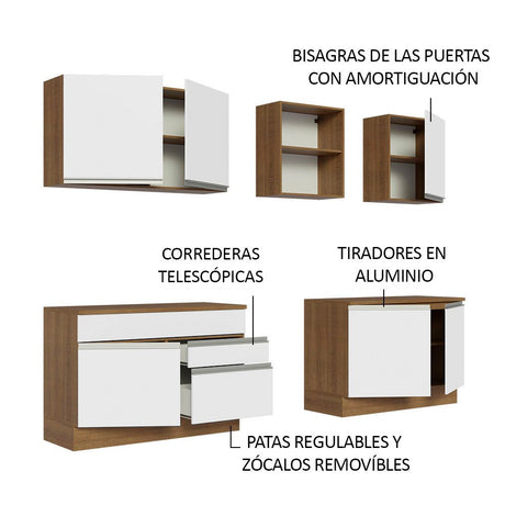 Cocina Integral Modular Glamy Marron y Blanco 240x225cm con Mesón de Madera Aglomerada Mdp sin Estufa con Dos Cajones y con Doce Entrepaños - COCINAS | Bylmo