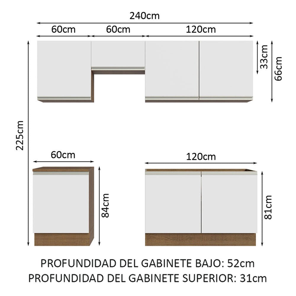 Cocina Integral Modular Glamy Marron y Blanco 240x225cm sin Mesón sin Estufa sin Cajones y con Doce Entrepaños - COCINAS | Bylmo