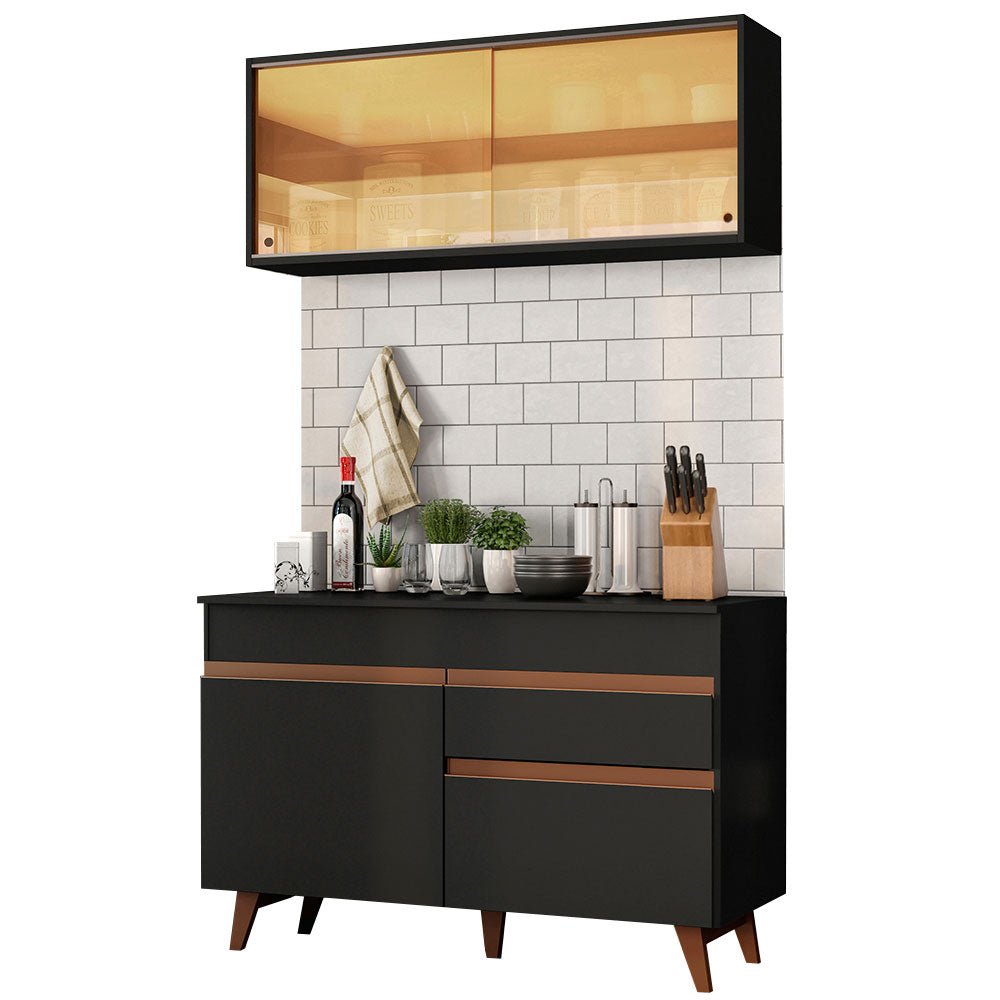 Cocina Integral Modular Reims Negro 120x210cm con Mesón de Madera Aglomerada Mdp sin Estufa con Un Cajón y con Seis Entrepaños - COCINAS | Bylmo
