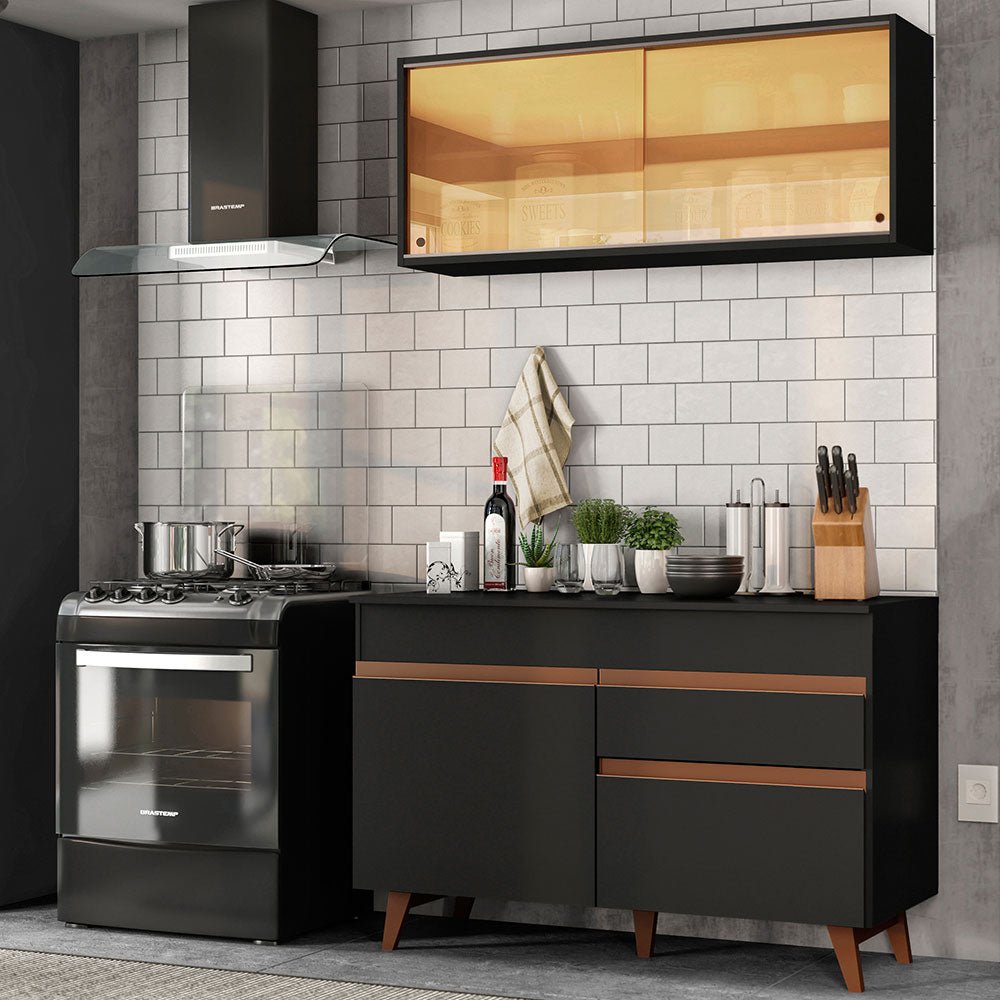 Cocina Integral Modular Reims Negro 120x210cm con Mesón de Madera Aglomerada Mdp sin Estufa con Un Cajón y con Seis Entrepaños - COCINAS | Bylmo