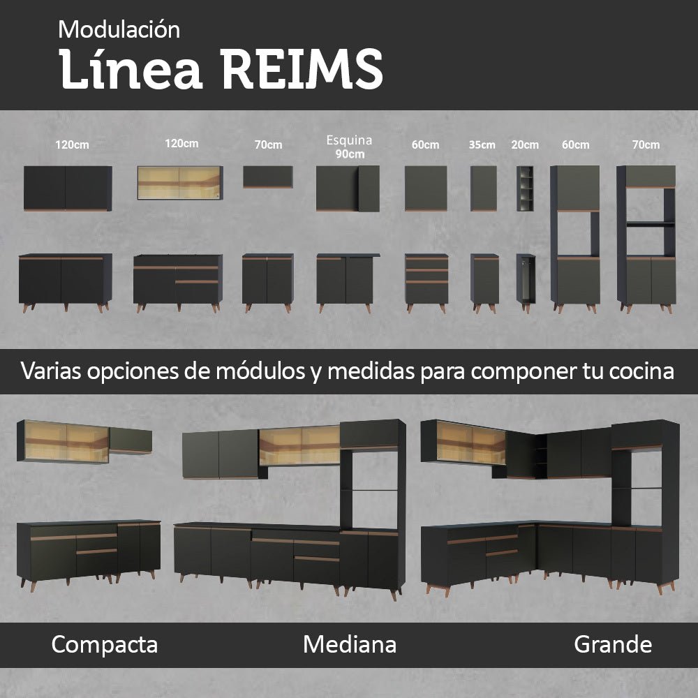 Cocina Integral Modular Reims Negro 120x210cm con Mesón de Madera Aglomerada Mdp sin Estufa con Un Cajón y con Seis Entrepaños - COCINAS | Bylmo