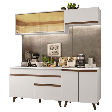 Cocina Integral Modular Reims Blanco 190x210cm con Mesón de Madera Aglomerada Mdp sin Estufa con Un Cajón y con Nueve Entrepaños - COCINAS | Bylmo