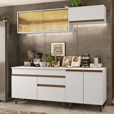 Cocina Integral Modular Reims Blanco 190x210cm con Mesón de Madera Aglomerada Mdp sin Estufa con Un Cajón y con Nueve Entrepaños - COCINAS | Bylmo