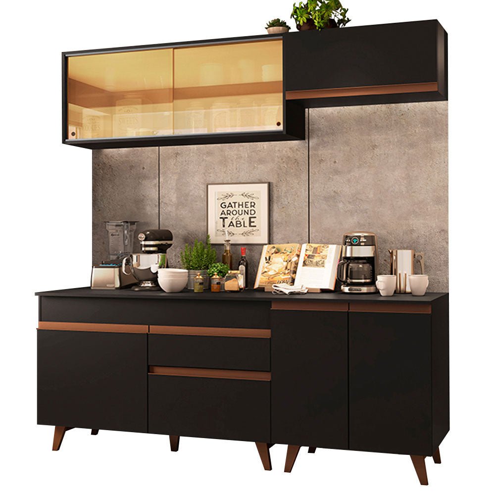 Cocina Integral Modular Reims Negro 190x210cm con Mesón de Madera Aglomerada Mdp sin Estufa con Un Cajón y con Nueve Entrepaños - COCINAS | Bylmo