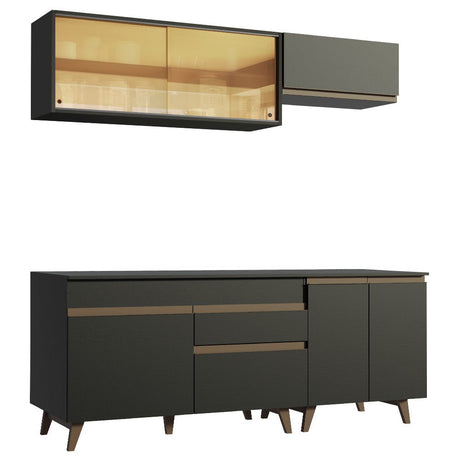 Cocina Integral Modular Reims Negro 190x210cm con Mesón de Madera Aglomerada Mdp sin Estufa con Un Cajón y con Nueve Entrepaños - COCINAS | Bylmo