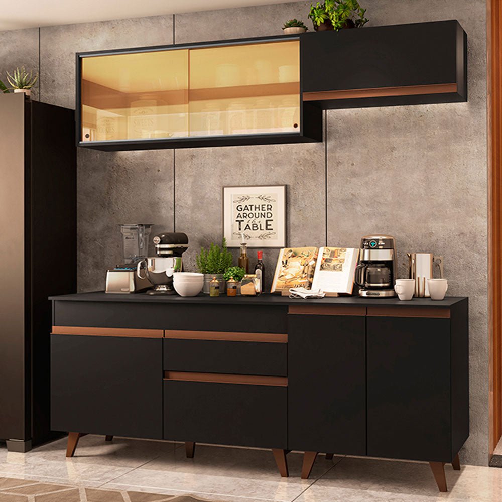 Cocina Integral Modular Reims Negro 190x210cm con Mesón de Madera Aglomerada Mdp sin Estufa con Un Cajón y con Nueve Entrepaños - COCINAS | Bylmo