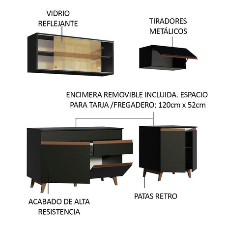 Cocina Integral Modular Reims Negro 190x210cm con Mesón de Madera Aglomerada Mdp sin Estufa con Un Cajón y con Nueve Entrepaños - COCINAS | Bylmo