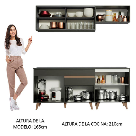 Cocina Integral Modular Reims Negro 190x210cm con Mesón de Madera Aglomerada Mdp sin Estufa con Un Cajón y con Nueve Entrepaños - COCINAS | Bylmo