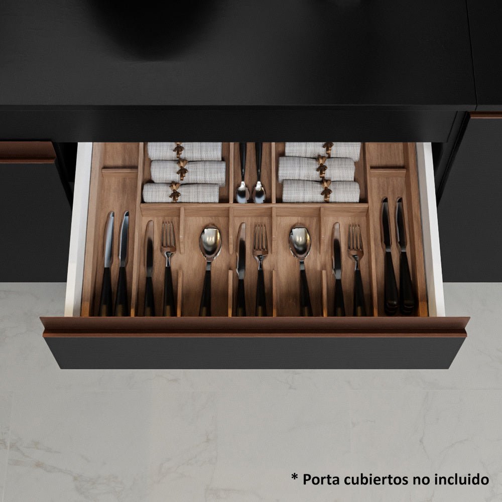 Cocina Integral Modular Reims Negro 190x210cm con Mesón de Madera Aglomerada Mdp sin Estufa con Un Cajón y con Nueve Entrepaños - COCINAS | Bylmo
