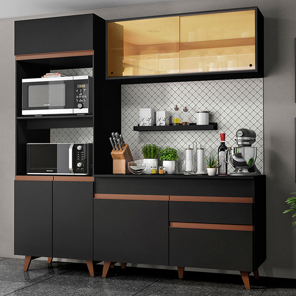 Cocina Integral Modular Reims Negro 190x210cm con Mesón de Madera Aglomerada Mdp sin Estufa con Un Cajón y con Once Entrepaños - COCINAS | Bylmo