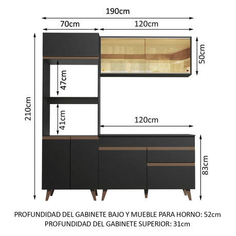 Cocina Integral Modular Reims Negro 190x210cm con Mesón de Madera Aglomerada Mdp sin Estufa con Un Cajón y con Once Entrepaños - COCINAS | Bylmo