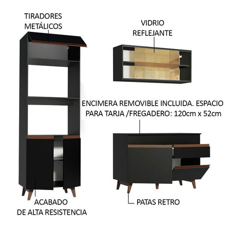 Cocina Integral Modular Reims Negro 190x210cm con Mesón de Madera Aglomerada Mdp sin Estufa con Un Cajón y con Once Entrepaños - COCINAS | Bylmo