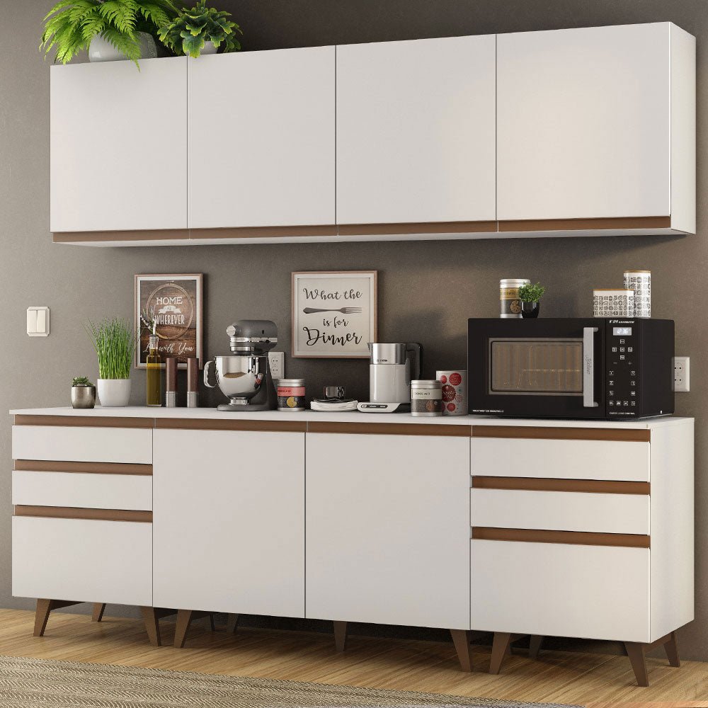 Cocina Integral Modular Reims Blanco 240x210cm con Mesón de Madera Aglomerada Mdp sin Estufa con Seis Cajones y con Once Entrepaños - COCINAS | Bylmo
