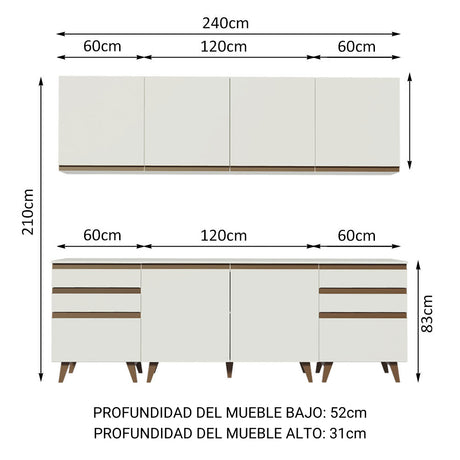 Cocina Integral Modular Reims Blanco 240x210cm con Mesón de Madera Aglomerada Mdp sin Estufa con Seis Cajones y con Once Entrepaños - COCINAS | Bylmo