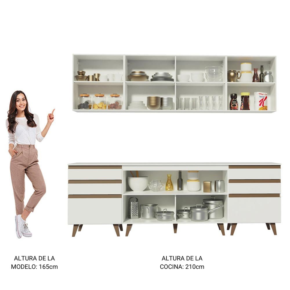 Cocina Integral Modular Reims Blanco 240x210cm con Mesón de Madera Aglomerada Mdp sin Estufa con Seis Cajones y con Once Entrepaños - COCINAS | Bylmo