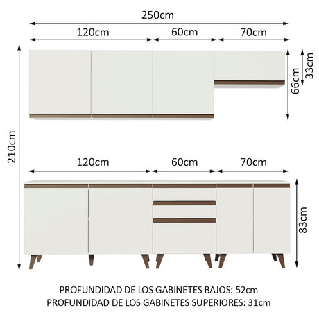 Cocina Integral Modular Reims Blanco 250x210cm con Mesón de Madera Aglomerada Mdp sin Estufa con Tres Cajones y con Doce Entrepaños - COCINAS | Bylmo