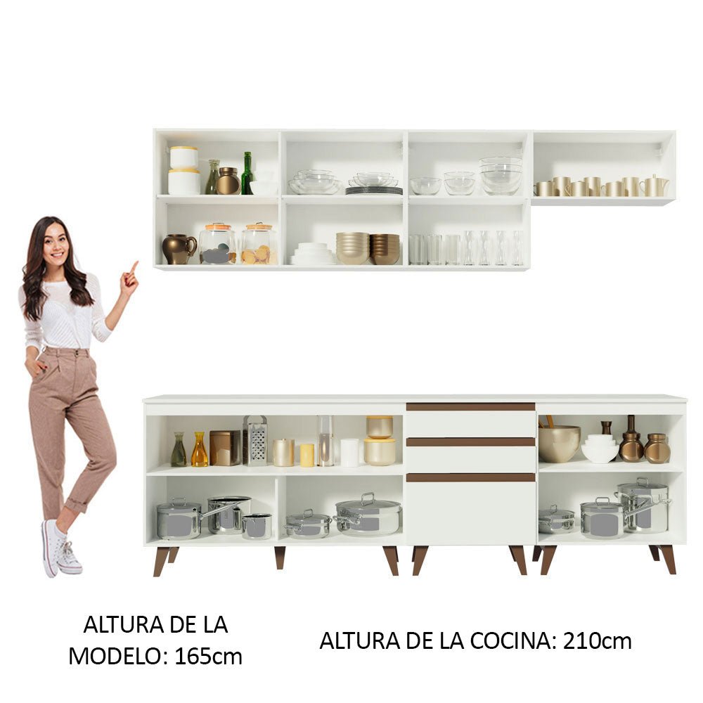 Cocina Integral Modular Reims Blanco 250x210cm con Mesón de Madera Aglomerada Mdp sin Estufa con Tres Cajones y con Doce Entrepaños - COCINAS | Bylmo