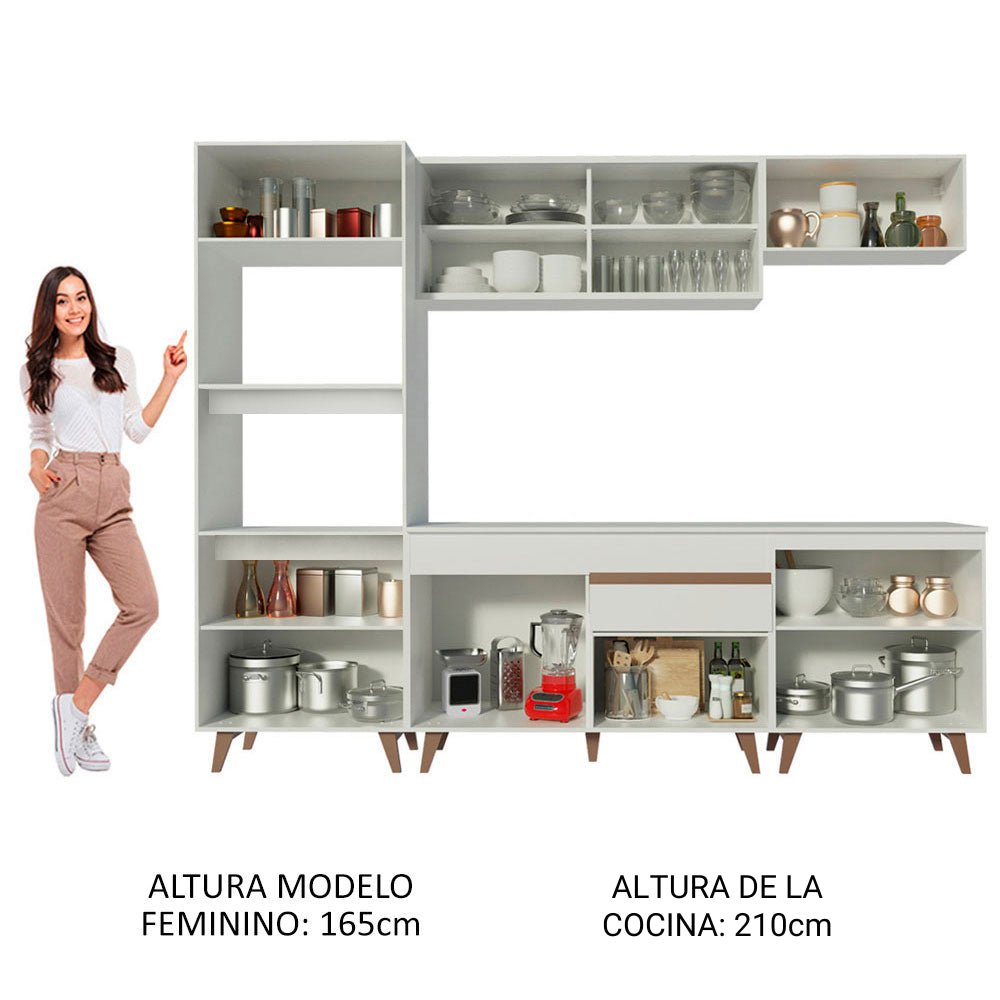 Cocina Integral Modular Reims Blanco 260x210cm con Mesón de Madera Aglomerada Mdp sin Estufa con Un Cajón y con Catorce Entrepaños - COCINAS | Bylmo
