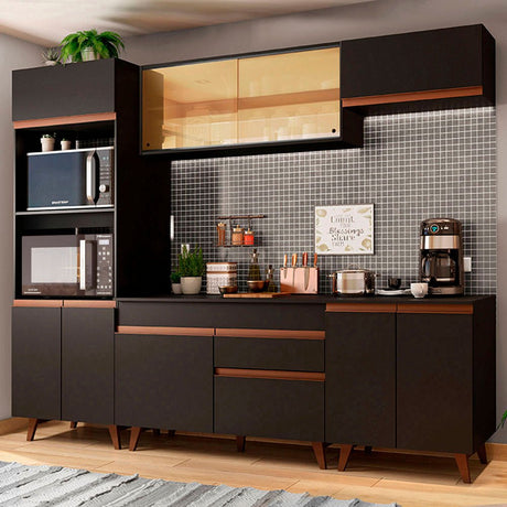 Cocina Integral Modular Reims Negro 260x210cm con Mesón de Madera Aglomerada Mdp sin Estufa con Un Cajón y con Catorce Entrepaños - COCINAS | Bylmo