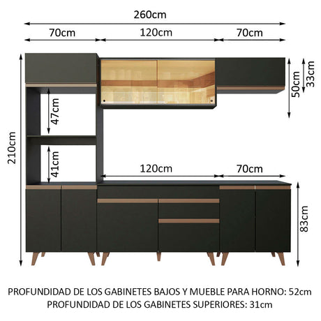 Cocina Integral Modular Reims Negro 260x210cm con Mesón de Madera Aglomerada Mdp sin Estufa con Un Cajón y con Catorce Entrepaños - COCINAS | Bylmo