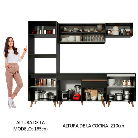 Cocina Integral Modular Reims Negro 260x210cm con Mesón de Madera Aglomerada Mdp sin Estufa con Un Cajón y con Catorce Entrepaños - COCINAS | Bylmo