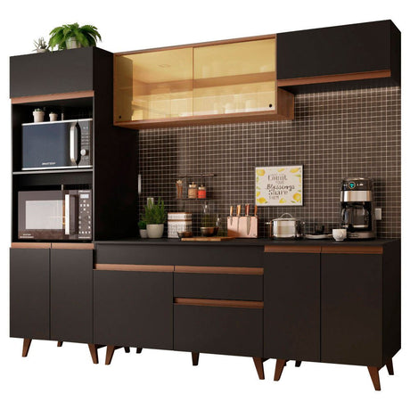 Cocina Integral Modular Reims Negro y Marron 260x210cm con Mesón de Madera Aglomerada Mdp sin Estufa con Un Cajón y con Catorce Entrepaños - COCINAS | Bylmo