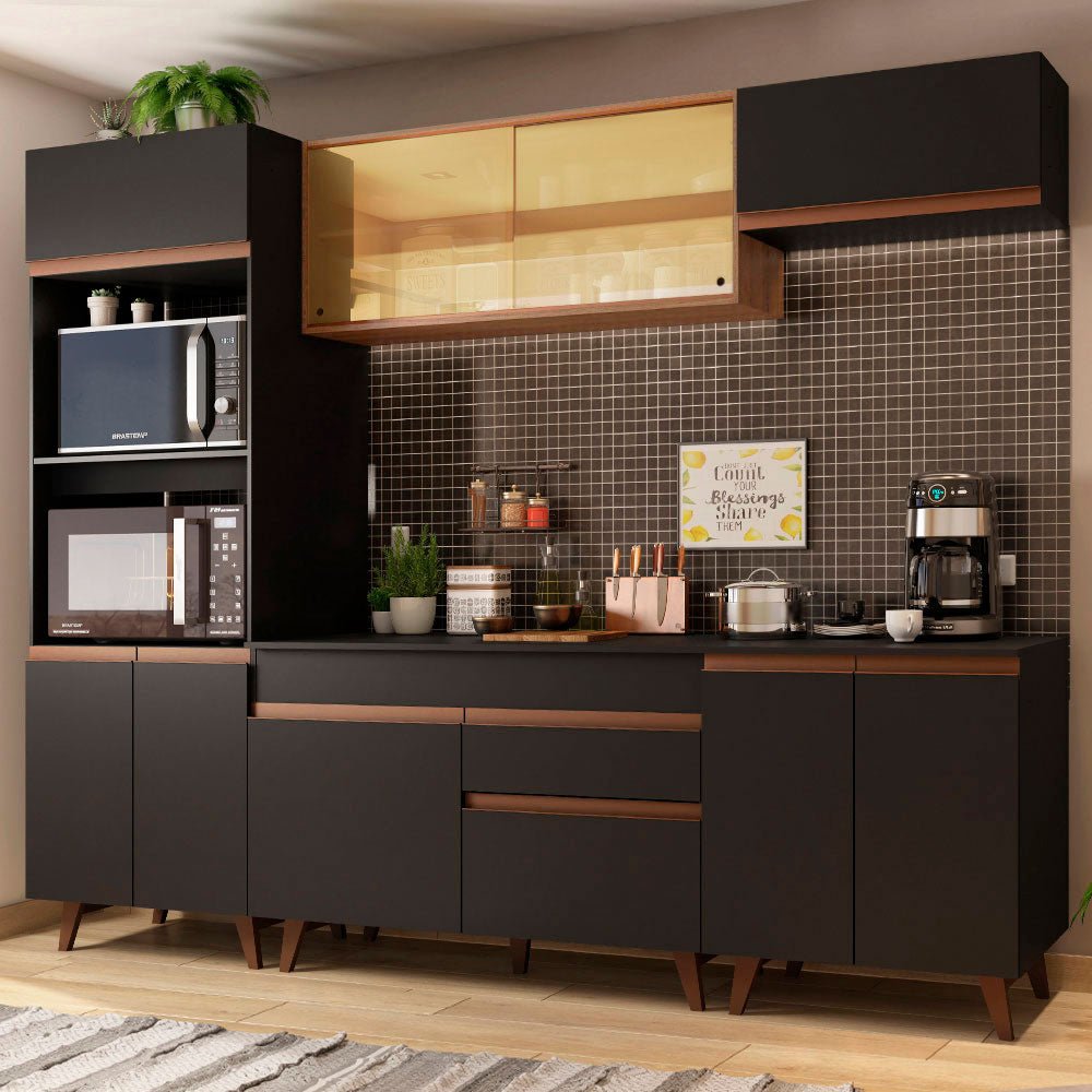 Cocina Integral Modular Reims Negro y Marron 260x210cm con Mesón de Madera Aglomerada Mdp sin Estufa con Un Cajón y con Catorce Entrepaños - COCINAS | Bylmo