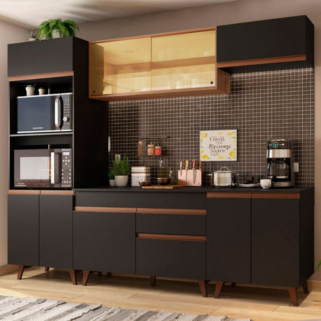 Cocina Integral Modular Reims Negro y Marron 260x210cm con Mesón de Madera Aglomerada Mdp sin Estufa con Un Cajón y con Catorce Entrepaños - COCINAS | Bylmo