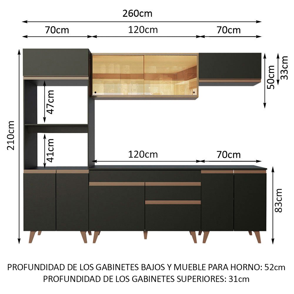Cocina Integral Modular Reims Negro y Marron 260x210cm con Mesón de Madera Aglomerada Mdp sin Estufa con Un Cajón y con Catorce Entrepaños - COCINAS | Bylmo
