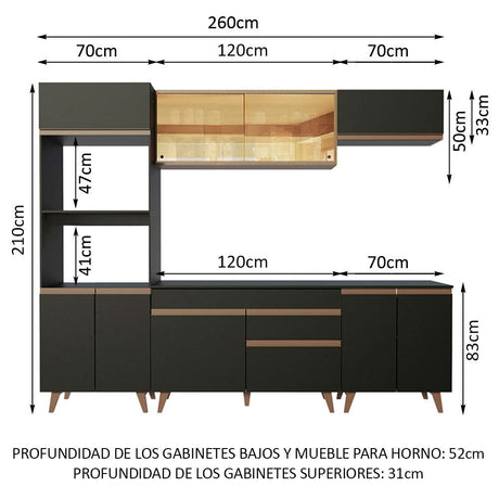 Cocina Integral Modular Reims Negro y Marron 260x210cm con Mesón de Madera Aglomerada Mdp sin Estufa con Un Cajón y con Catorce Entrepaños - COCINAS | Bylmo