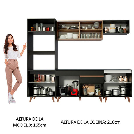 Cocina Integral Modular Reims Negro y Marron 260x210cm con Mesón de Madera Aglomerada Mdp sin Estufa con Un Cajón y con Catorce Entrepaños - COCINAS | Bylmo