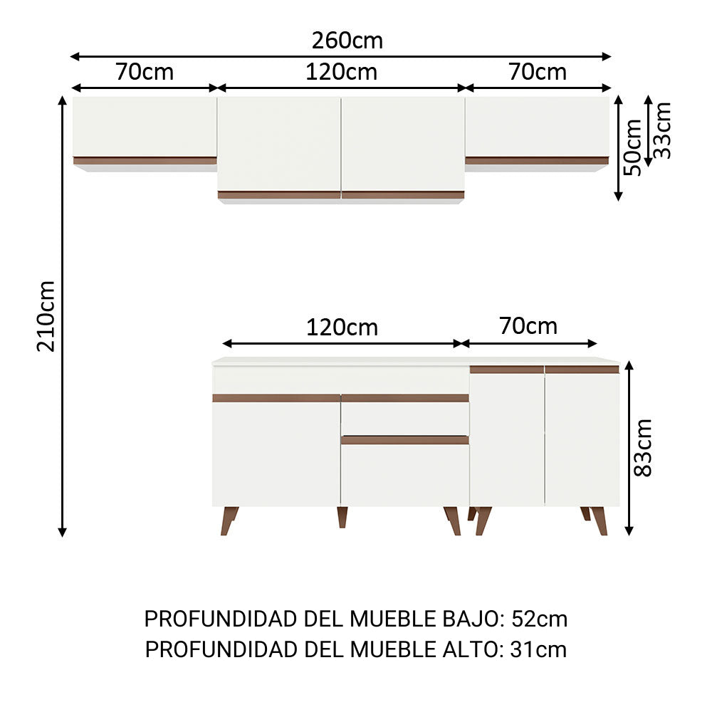 Cocina Integral Modular Reims Blanco 260x210cm con Mesón de Madera Aglomerada Mdp sin Estufa con Un Cajón y con Diez Entrepaños - COCINAS | Bylmo