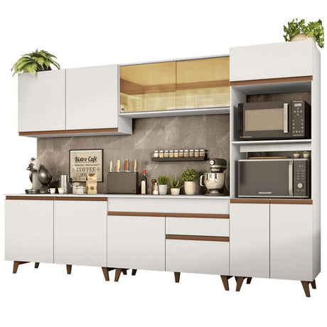 Cocina Integral Modular Reims Blanco 310x210cm con Mesón de Madera Aglomerada Mdp sin Estufa con Un Cajón y con Dieciocho Entrepaños - COCINAS | Bylmo