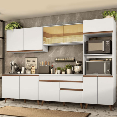 Cocina Integral Modular Reims Blanco 310x210cm con Mesón de Madera Aglomerada Mdp sin Estufa con Un Cajón y con Dieciocho Entrepaños - COCINAS | Bylmo